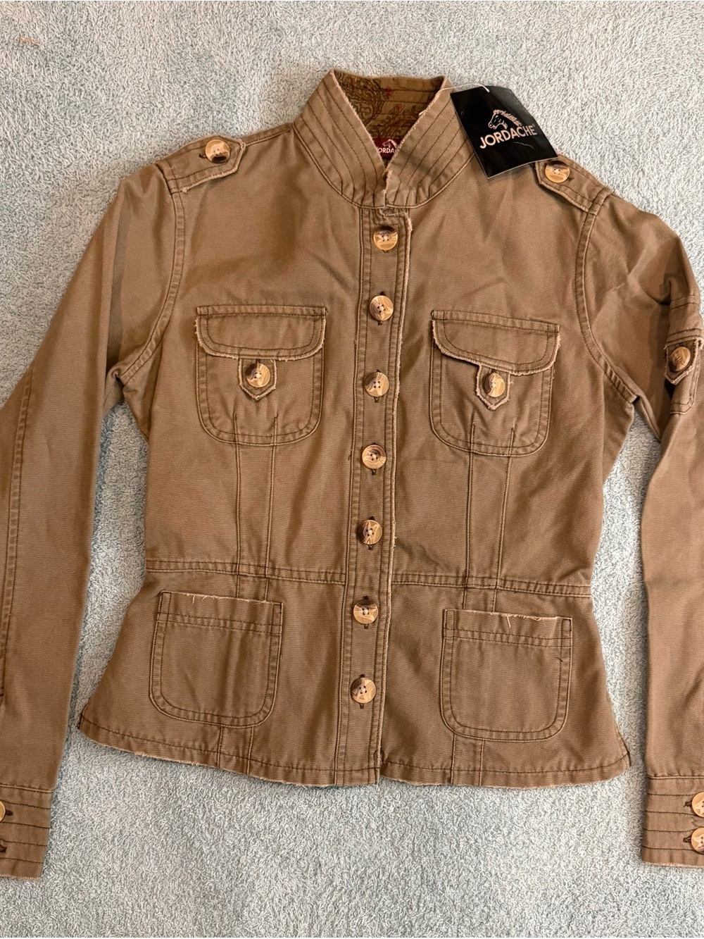 Jordache Green Army Button Front Jacket Distressed NWT Utility Y2K Junior Small